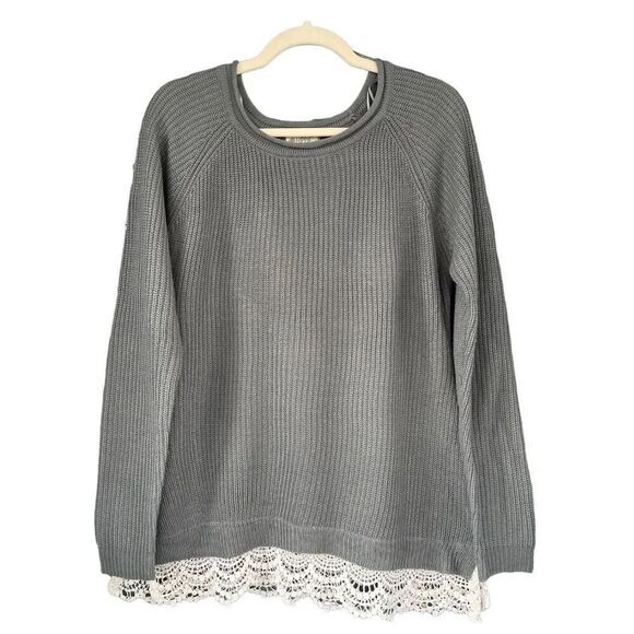 0876 Hippie Rose Gray Cable Crochet Knit Sweater Size Large - Picture 2 of 7